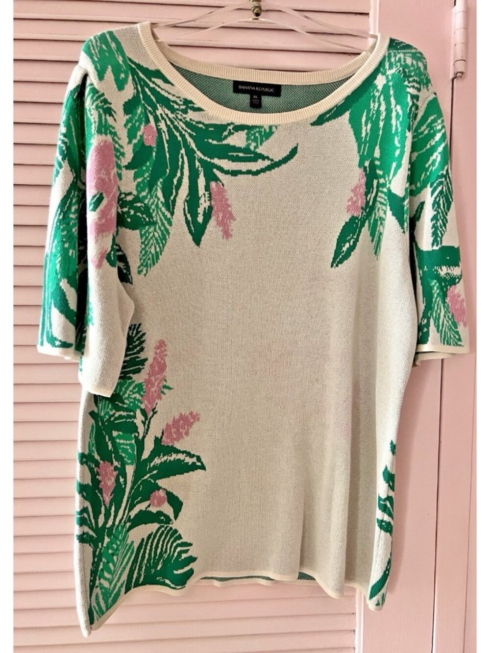 BANANA REPUBLIC Summer Sweater Sz XL Jacquard Tee Floral Puff Sleeve Pink Green